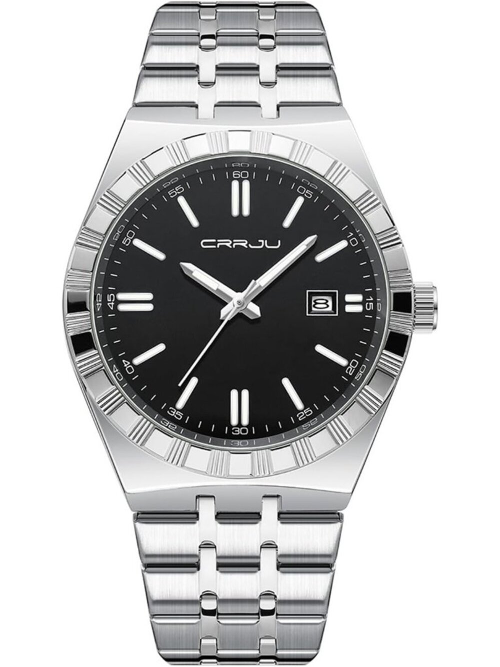 Crrju Men's Silver Black Luxury Luminous Analog Quartz Classic Calendar Watch